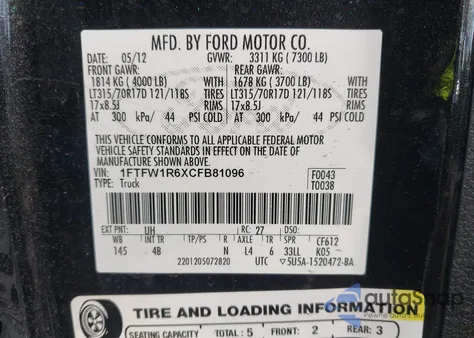 2012 Ford F-150 Svt Raptor из США, поврежденный, VIN 1FTFW1R6XCFB81096